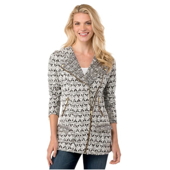 LUCKY BRAND Long Moto Jacket, Black and White, Sz L - Picture 2 of 16